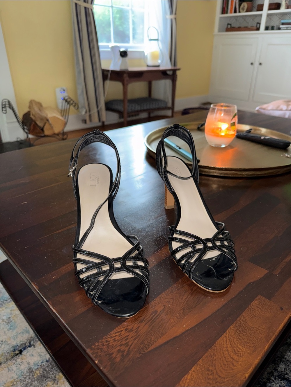 LOFT Black Strappy Patent Heel Sandals